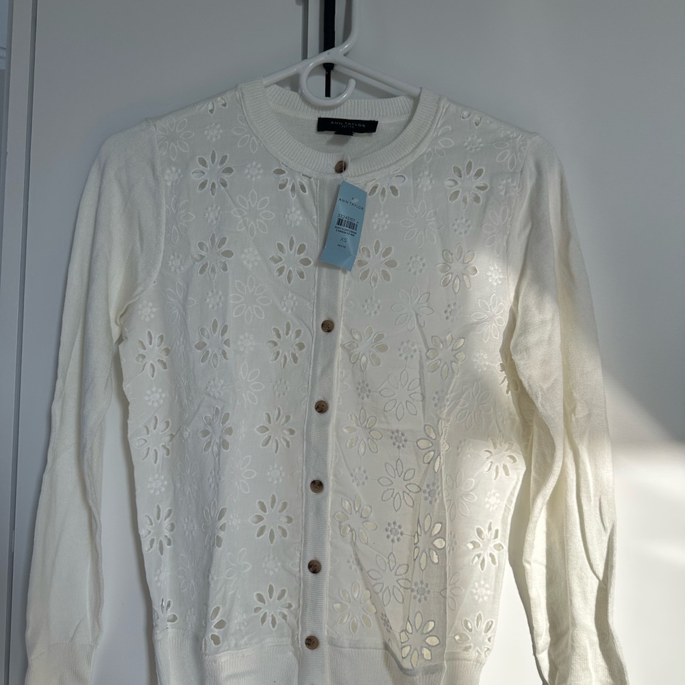 Ann Taylor White Eyelet Cardigan Sweater